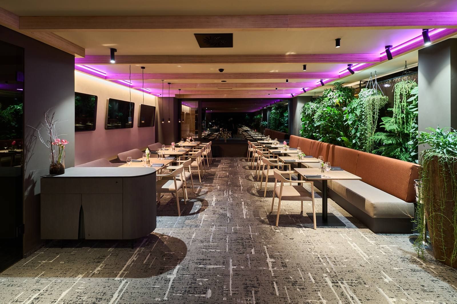 Restaurace se sloupovím a barem — pohled do hlavního prostoru